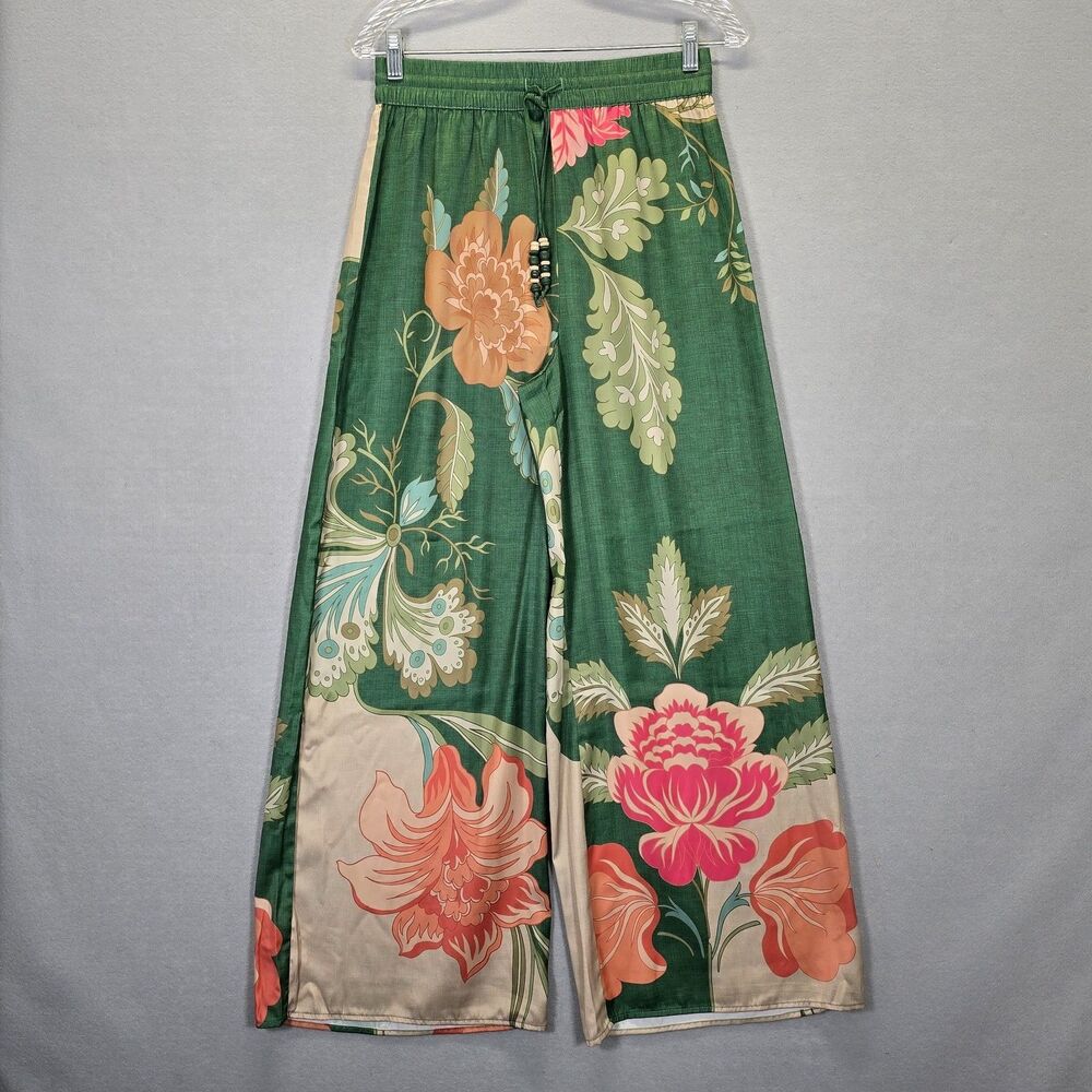 Maison d'Amélie PARIS Wide-Leg Pants Small Dark Green Satin  Floral